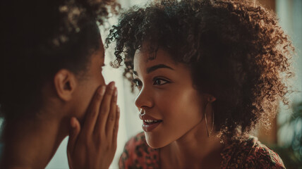 Two women sharing a secret with natural expressions in a cozy indoor setting