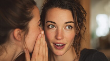 Two women sharing a secret with natural expressions in a cozy indoor setting
