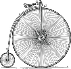 Vintage penny farthing bicycle outline illustration from the 19th century era