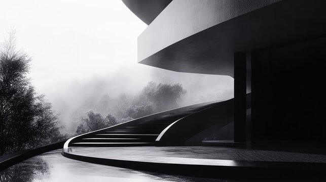 Modern architectural curves leading to foggy nature scene