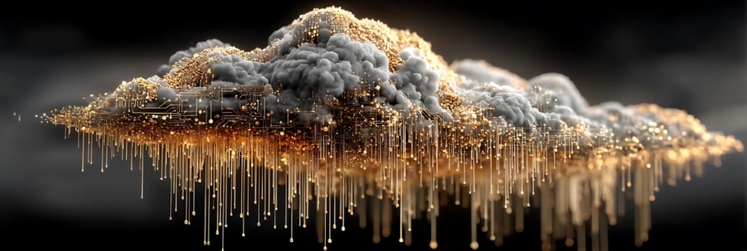 Digital cloud raining binary code onto circuit board representing data transfer concept