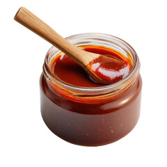 Glass jar filled with rich brown barbecue sauce and wooden spoon image, Cut Out, Isolated On White Background, Png Transparent