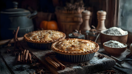 Fototapeta premium Freshly baked pumpkin pies with autumn spices in warm rustic kitchen setting