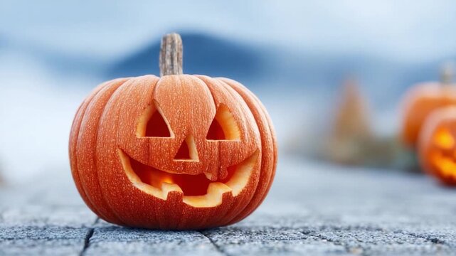 Spooky Halloween Pumpkin: A festive jack-o'-lantern carved with a cheerful face, sits atop a rustic wooden surface, with other pumpkins visible in the background and a serene, blurred landscape.