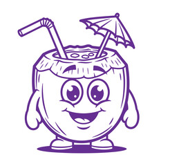 Happy cartoon coconut drink with straw and umbrella for tropical beverage concept