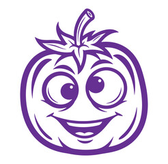Happy cartoon tomato with a cheerful smiling face in vibrant purple color and a playful design.