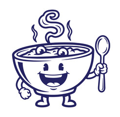 Happy cartoon soup bowl mascot with spoon presenting warm and delicious meal