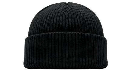 Black knitted beanie hat isolated on transparent background