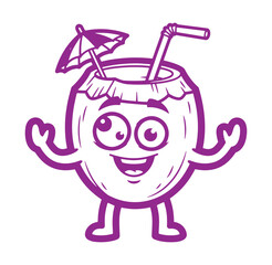 Happy coconut drink mascot cartoon with umbrella and straw in a vector illustration