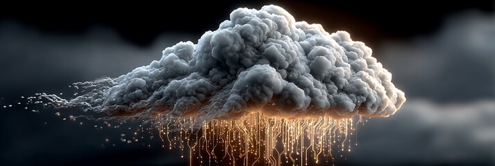Digital cloud raining binary code onto circuit board representing data transfer concept