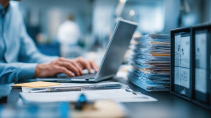 Person typing on laptop amidst stacks of documents and binders in an office