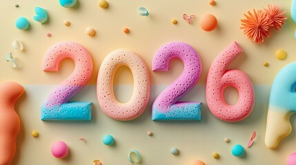 Colorful artistic 2026 typography. 2026 new year celebration.2026 written in three dimensional colorful numbers.