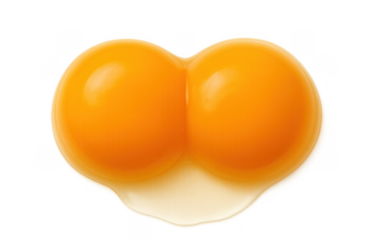 Two raw egg yolks connected, forming a double yolk with clear albumen, representing natural food and protein