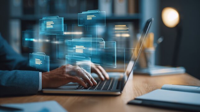 Person typing on laptop with holographic data files floating and glowing digitally