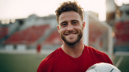 Happy young man with curly hair holding a soccer ball on a stadium field, smiling warmly
