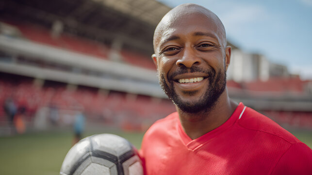 Sweaty, smiling man with a shaved head holding a soccer ball on a stadium field after a game