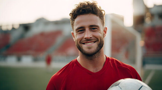 Happy young man with curly hair holding a soccer ball on a stadium field, smiling warmly
