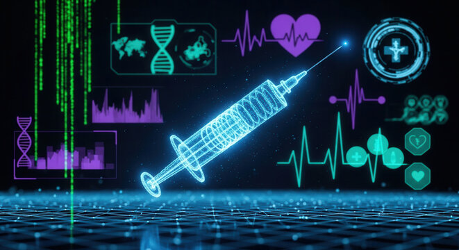 Futuristic digital syringe glows with medical data visualizations, heartbeat monitor, and DNA helix for healthcare innovation and research breakthroughs.
