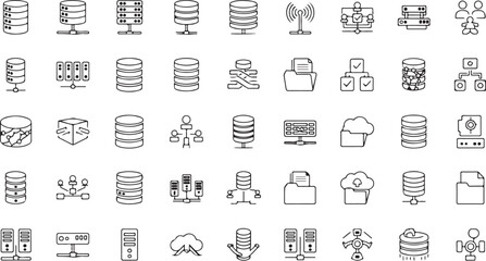 Collection of Data Storage and Network Outline Icons on White Background