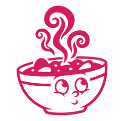 Whimsical cartoon depiction of a steaming bowl of soup with a cheerful face and stylized steam.