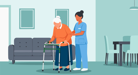 Professional Caregiver Assists Senior Woman Using a Walker for Home Mobility Support, Promoting Independent Elderly Living and Wellness