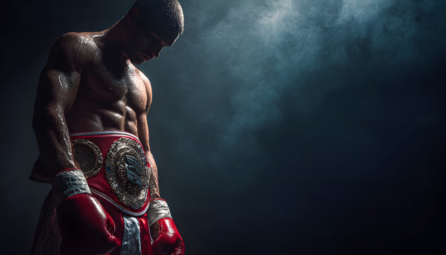 A tired boxer, sweat dripping, bows his head in the dim light of the boxing ring, wearing his championship belt and red gloves