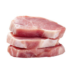 Stack of three raw pork chops with white fat against black background meat steak, Cut Out, Isolated On White Background, Png Transparent