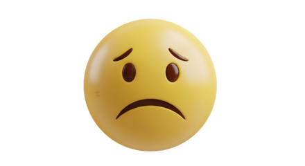 Three dimensional sad face emoji with a sorrowful expression.