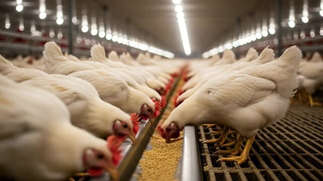 Closeup of chickens feeding in a large poultry farm with automated system