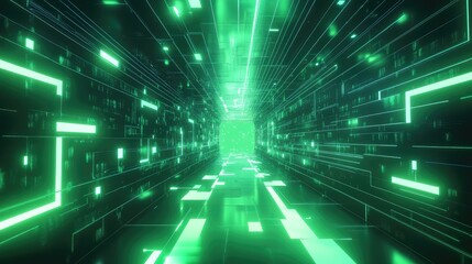 Digital data tunnel with green light lines