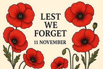 Remembrance day poster, Lest We forget 11 November greeting banner or card of poppy flowers, Vector illustration.