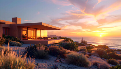 AI-generated image of Modern minimalist house in coastal desert landscape with sunset and dramatic sky. The ocean glows in the background, while dramatic clouds fill the sky with hues of orange, pink