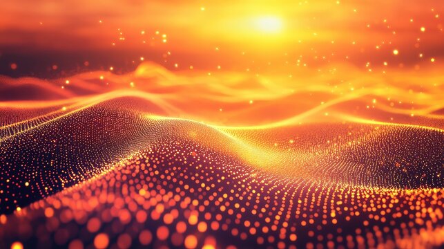 Glowing particles forming digital data waves