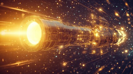 Futuristic spaceship traveling fast through digital data network