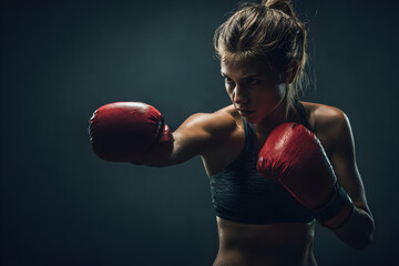 A determined female boxer with sweat on her face throws a powerful punch, her red boxing gloves illuminated in the dramatic, dark studio lighting