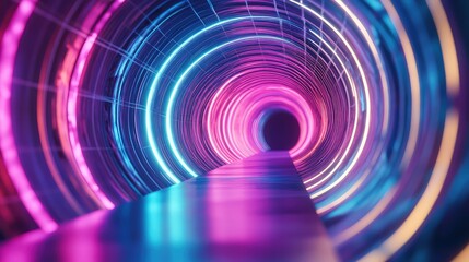 Fototapeta premium Futuristic neon light tunnel, a digital portal leading forward
