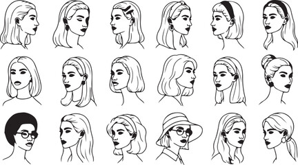 Diverse Collection of Womens Head Silhouettes in Outlined Vector Art