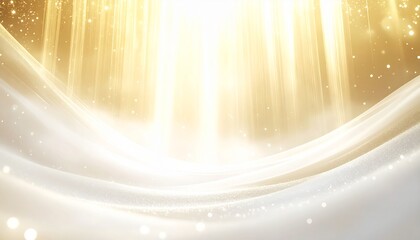Ethereal golden light illuminates luxurious white silk fabric, creating a serene background of purity, elegance, and divine radiance with a gentle, sparkling aura for celebratory moments