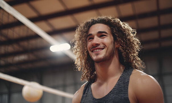 A smiling young man with curly hair in a gym, looking off to the side with a volleyball net in the background