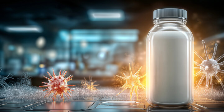 White probiotic bottle sits on chrome lab table, surrounded by abstract virus models, with soft blue tint and glowing effects, creating futuristic and scientific atmosphere