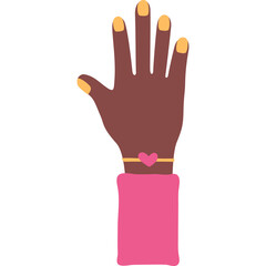 Close Up Of A Dark Skinned Hand With Bright Yellow Nail Polish And A Gold Bracelet With A Pink Heart Charm Wearing A Hot Pink Cuff Sleeve Against A Transparent White Background