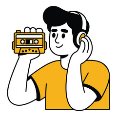 Happy young man enjoying nostalgic retro music through headphones, holding a vintage cassette player with a classic tape, embodying a relaxed analog audio experience