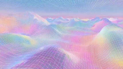 Holographic wireframe landscape creating a retro futuristic grid