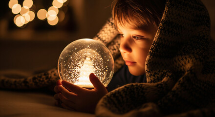 Child admiring a glass ball with snowflakes, warm colors, very peaceful horizontal Christmas photography