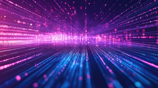 Digital data streaming in abstract purple blue light tunnel