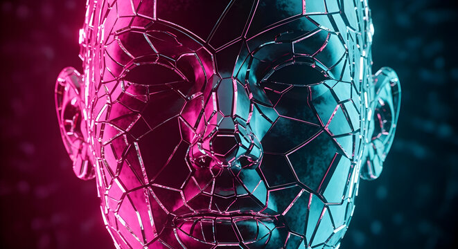 Abstract Fragmented Face with Dual Neon Lighting and Digital Effect