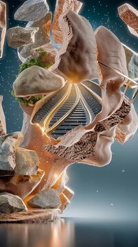 Surreal Stone Statue Head with Glasses Railway Track and Glowing Light Inside Symbolizing Creativity and Imagination, Journey of Thought Constructivist Style with Floating Rocks and Natural Elements