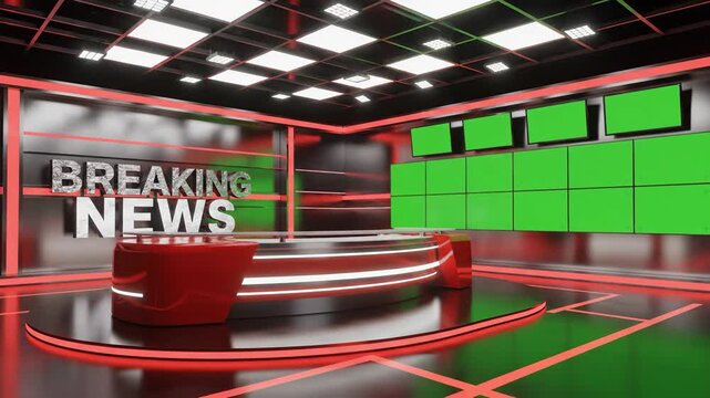 Virtual Breaking News Studio with Green Screens and Modern Design