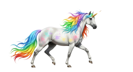 Majestic white unicorn with rainbow mane and tail isolated on transparent background