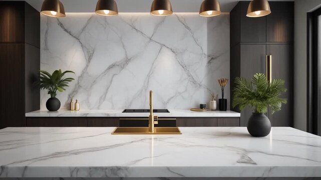 Luxurious Modern Kitchen with Marble Island and Pendant Lights